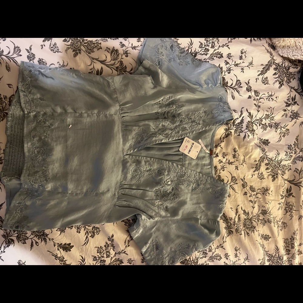 Blue silky short sleeve top